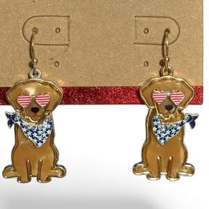 Patriotic Stars & Stripes Dog Rhinestone Dangle Earrings - Goldtone